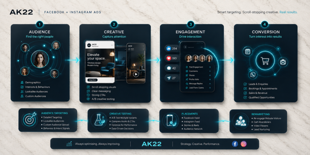 Facebook ads management Canberra campaign journey from audience targeting to conversion by AK22 Digital Marketing