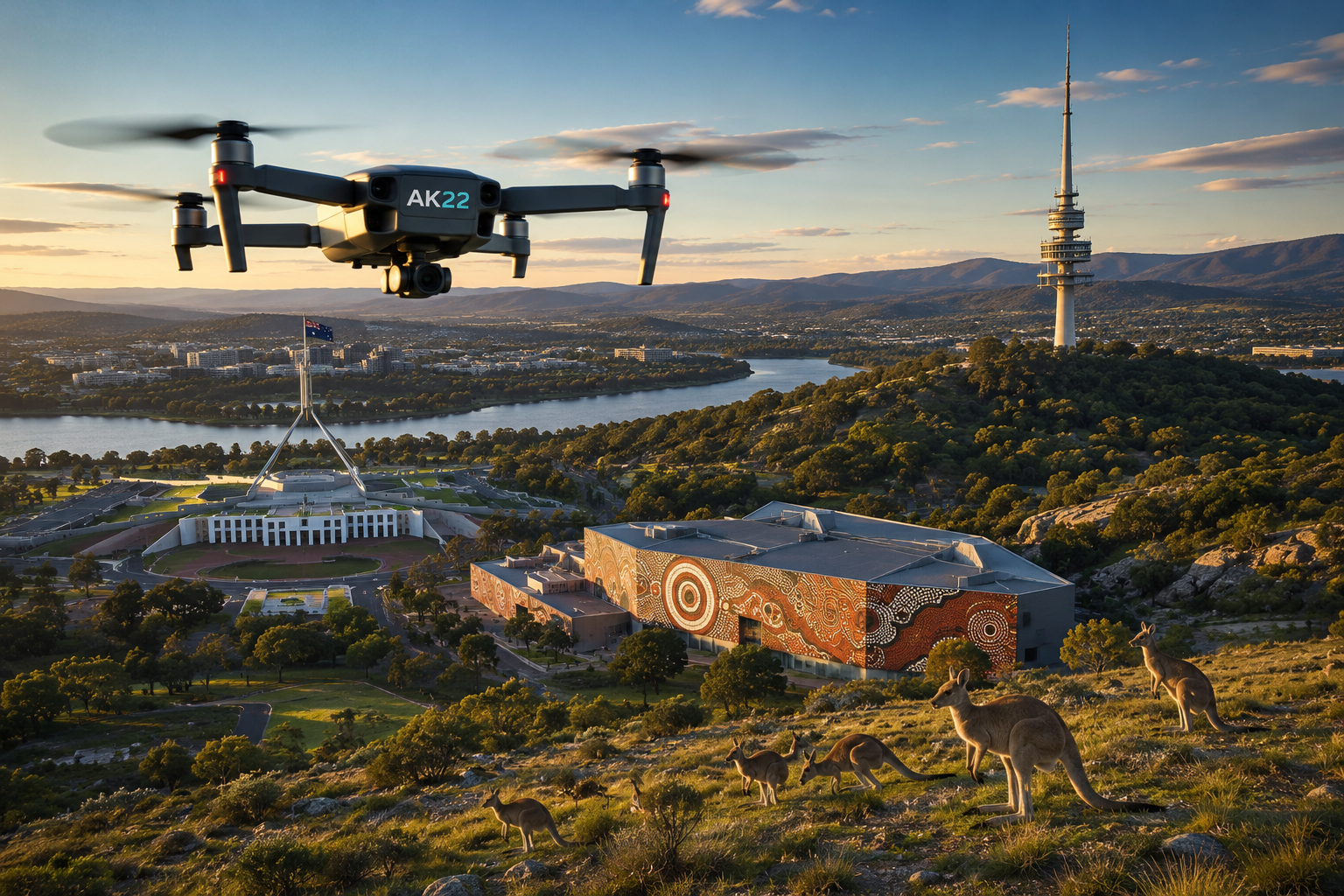 Drone photography and videography Canberra aerial view featuring AK22 drone, Parliament House, Telstra Tower, Aboriginal-inspired architecture and kangaroos.